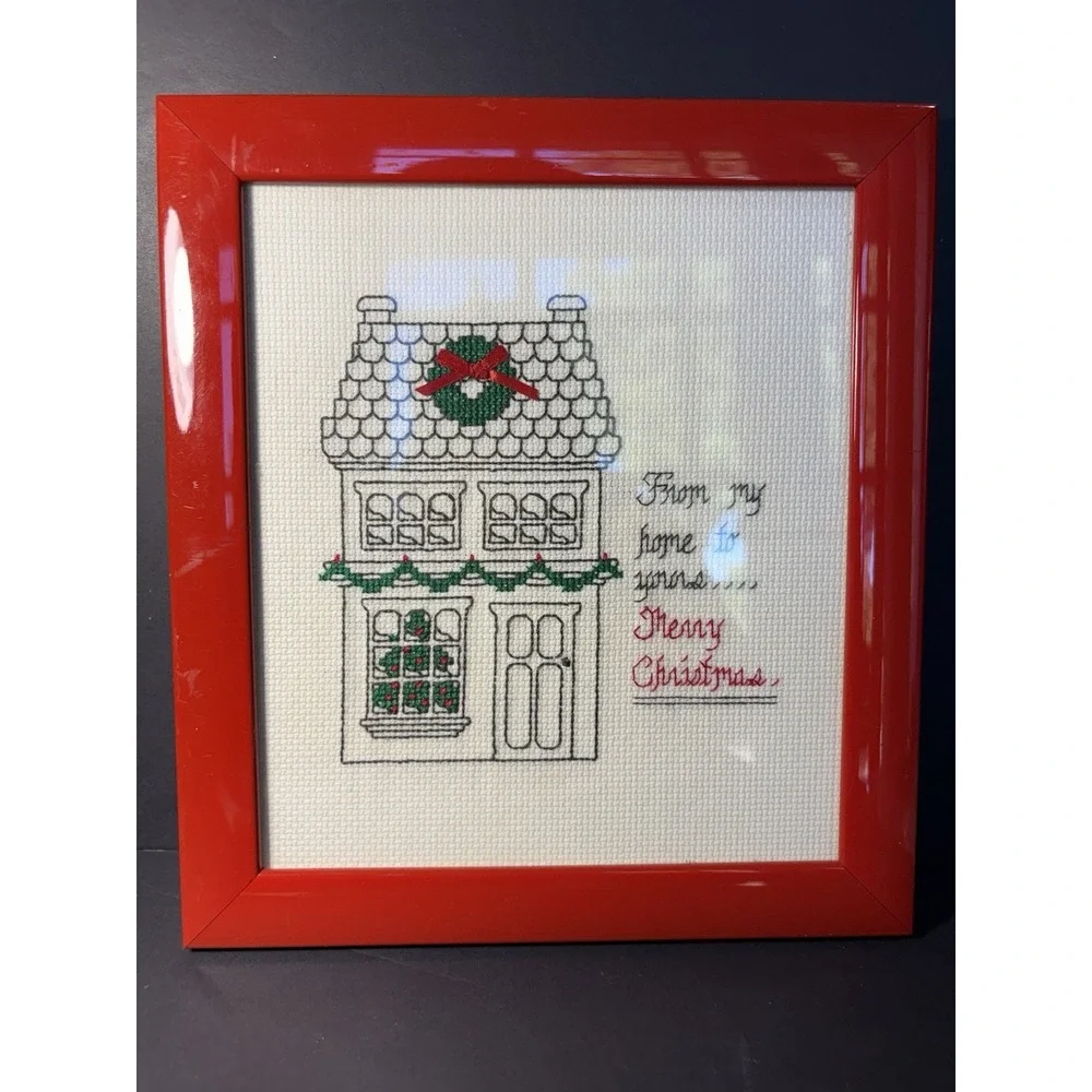 Handmade Cross Stitch Christmas Wall Art Framed, From My Home to Yours,Merry xma